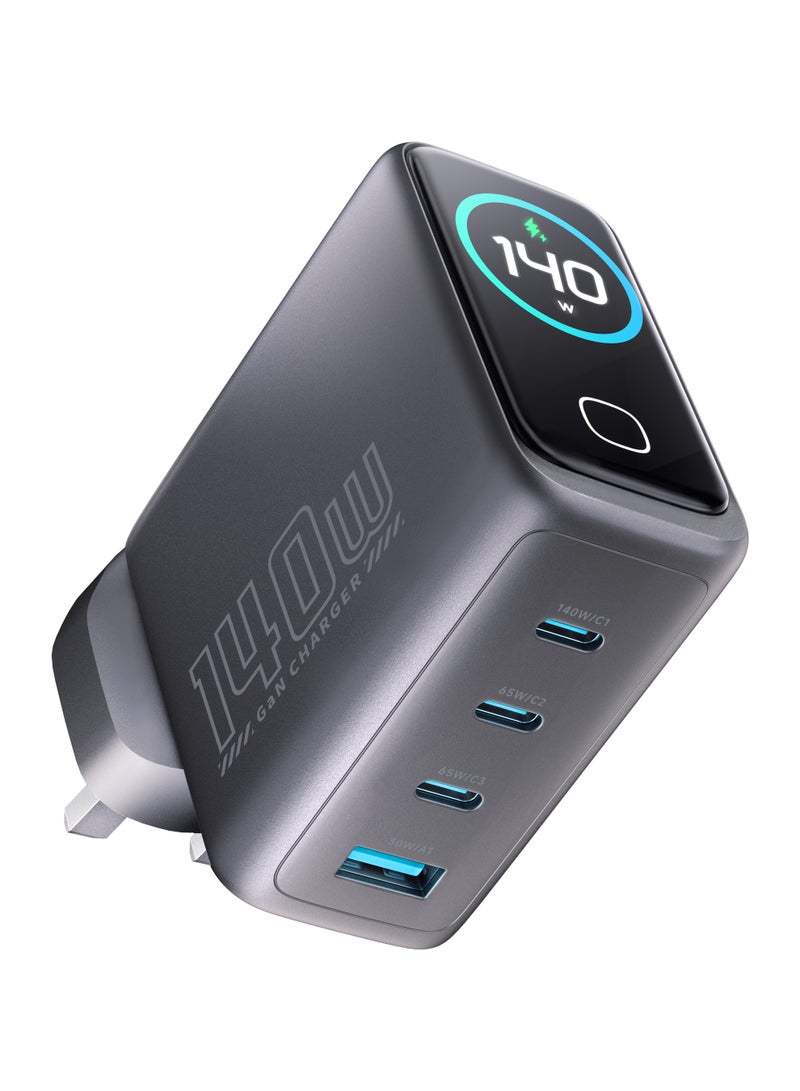 Powerology GaN Wall Charger with 140W PD Charging, 3USB-C&USB-A, Smart TFT Display, 240W USB-C to USB-C 1m Cable, Fast Charging GaN Wall Charger with Temperature Control, Foldable UK Plug, Simultaneous Charging - Image 1